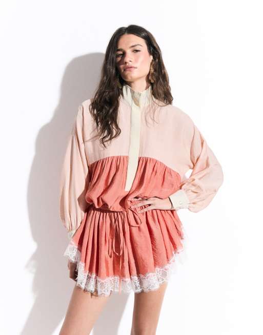 ASOS DESIGN track playsuit with lace hem in orange colour block, 2 of 8