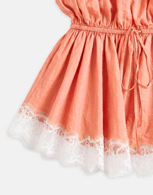 ASOS DESIGN track playsuit with lace hem in orange colour block, 7 of 8