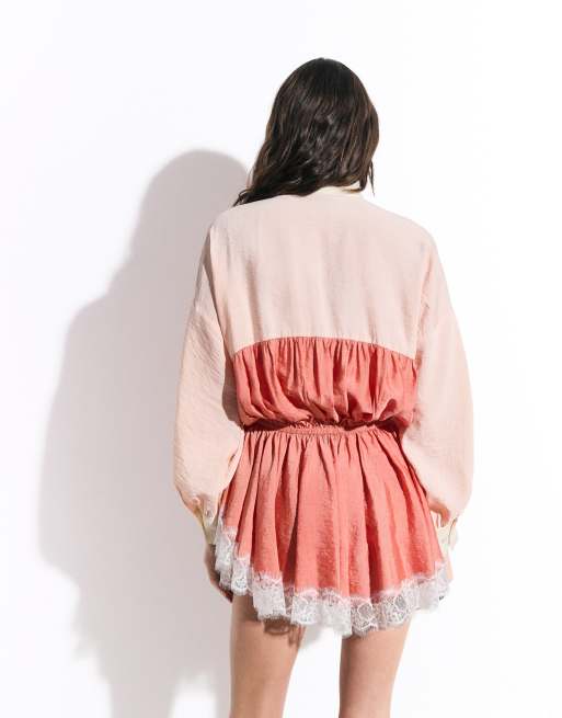 ASOS DESIGN track romper with lace hem in orange color block, 4 of 8