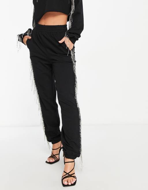 ASOS DESIGN trackies with diamante fringing in black