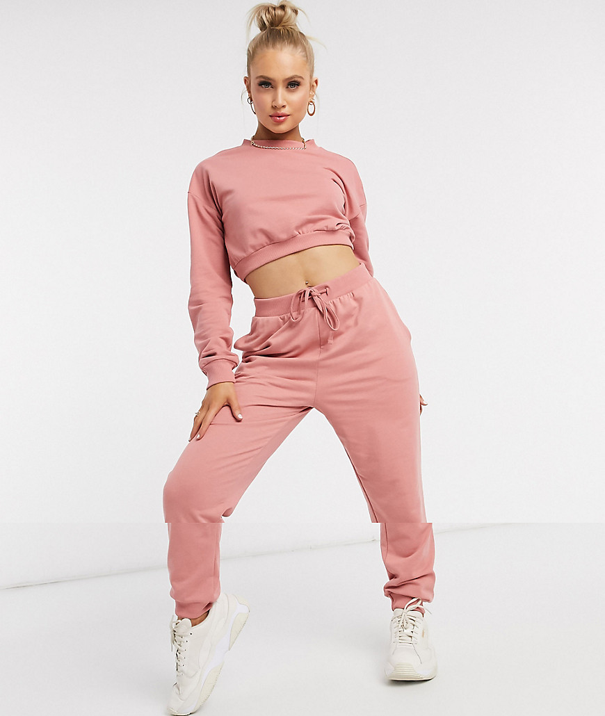 ASOS DESIGN tracksuit cropped sweat / slim jogger with tie in organic cotton in dusty rose-Pink
