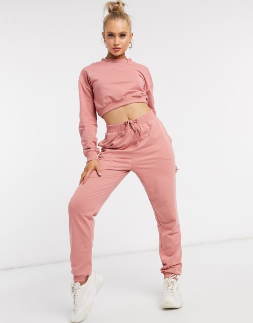 ASOS DESIGN tracksuit cropped sweat slim jogger with tie in organic cotton in dusty rose