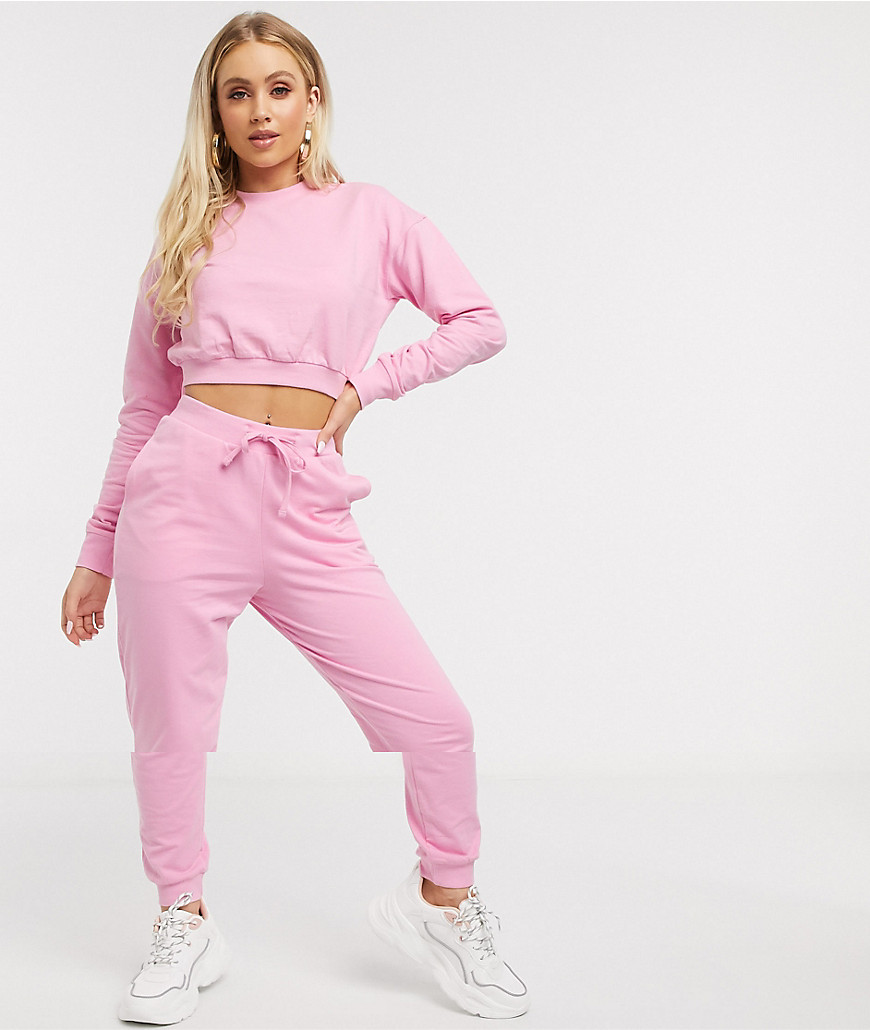 ASOS DESIGN tracksuit cropped sweat / slim jogger with tie-Pink