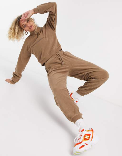 ASOS DESIGN tracksuit fleece top with half zip / slim jogger in fawn | ASOS
