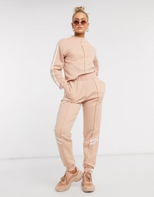 ASOS DESIGN tracksuit high neck sweat / jogger with stripes in putty