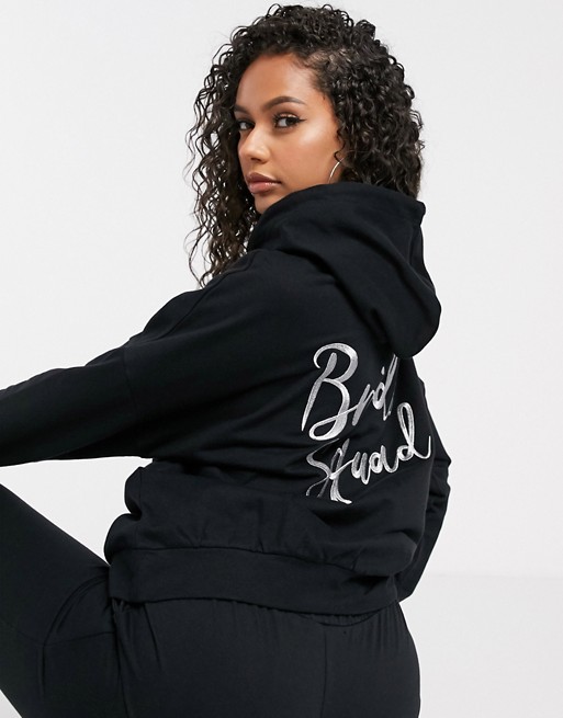 ASOS DESIGN tracksuit hoodie / slim jogger with bride squad embroidery in black