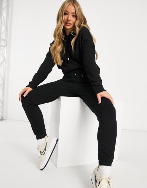 ASOS DESIGN tracksuit hoodie slim trackies with tie in cotton in black BLACK