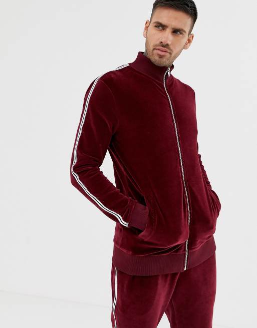 ASOS DESIGN tracksuit muscle track jacket/super skinny joggers in velour  with diamante side stripe