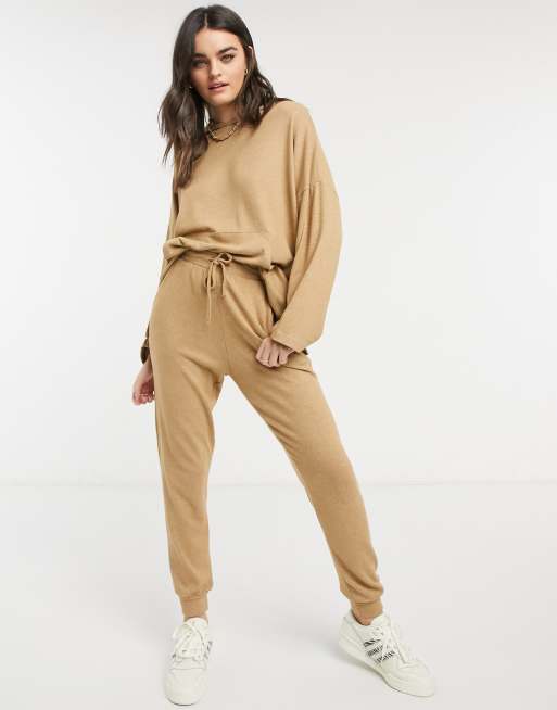 ASOS DESIGN cozy lounge borg hoodie w& sweatpants set in camel