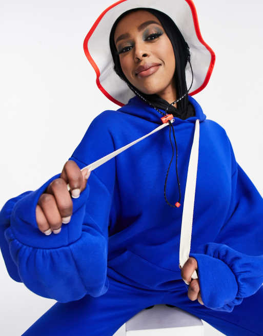 ASOS DESIGN tracksuit oversized hoodie with contrast ties oversized sweatpants in royal blue