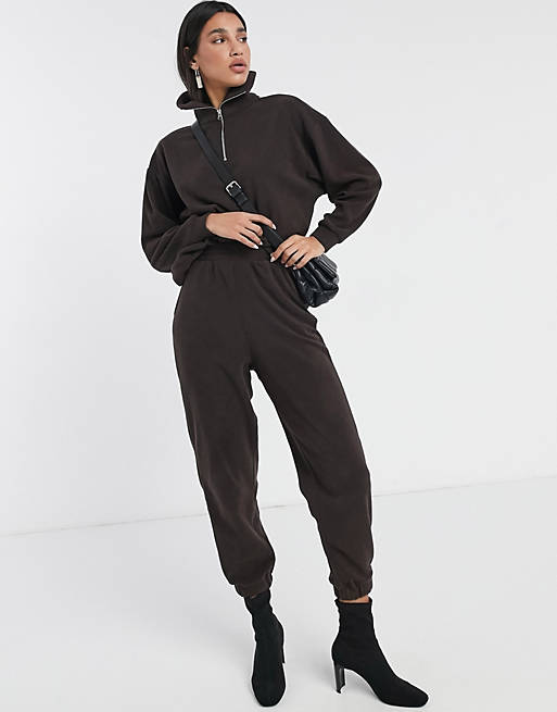 Women tracksuit sweat with shawl collar / jogger in fleece in chocolate 
