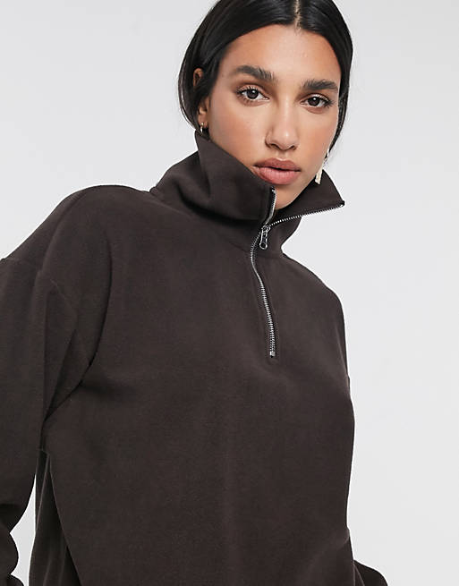 Women tracksuit sweat with shawl collar / jogger in fleece in chocolate 