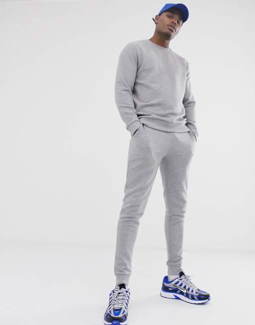 ASOS DESIGN tracksuit sweatshirt/skinny sweatpants in gray ribbed fabric | ASOS
