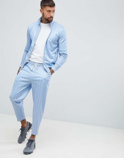 ASOS DESIGN tracksuit track jacket/tapered cropped sweatpants with pin stripe in blue