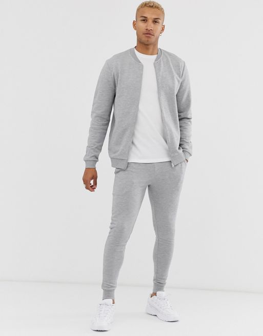 ASOS DESIGN tracksuit with bomber jacket in grey marl | ASOS