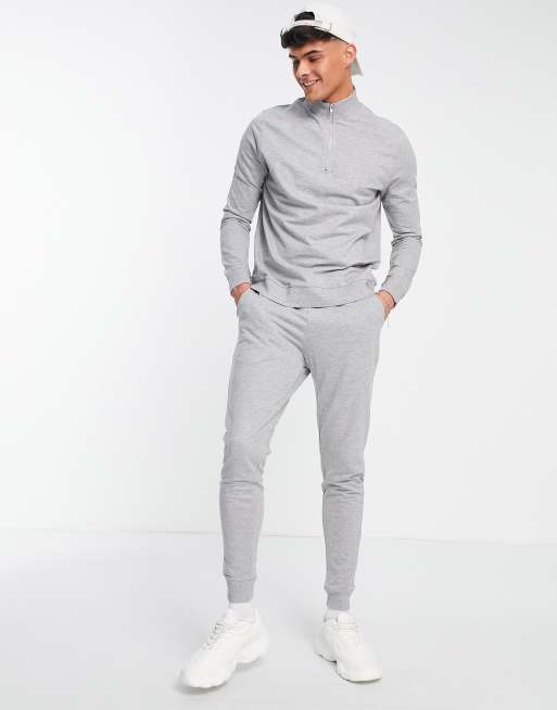 ASOS DESIGN tracksuit with half zip sweatshirt and skinny trackies in grey marle