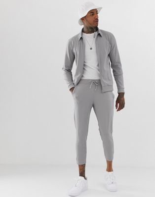 ASOS DESIGN tracksuit with harrington and cropped skinny joggers in grey poly tricot