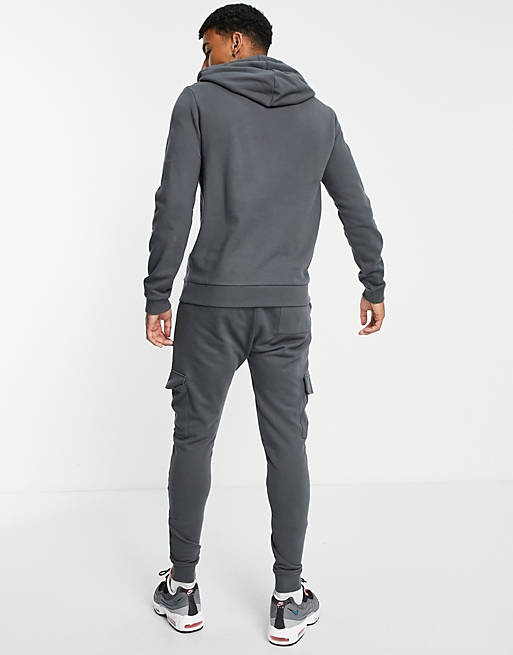  tracksuit with hoodie & skinny cargo joggers in washed black 