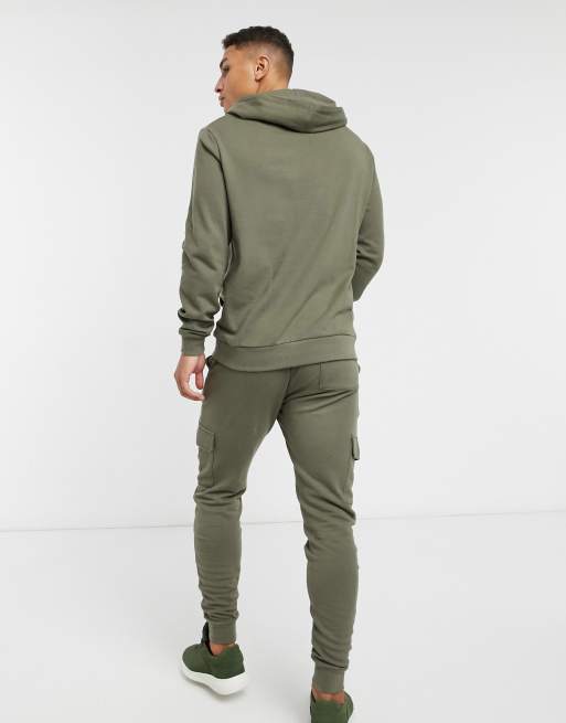 ASOS DESIGN tracksuit with hoodie & skinny cargo sweatpants in khaki, 2 of 4