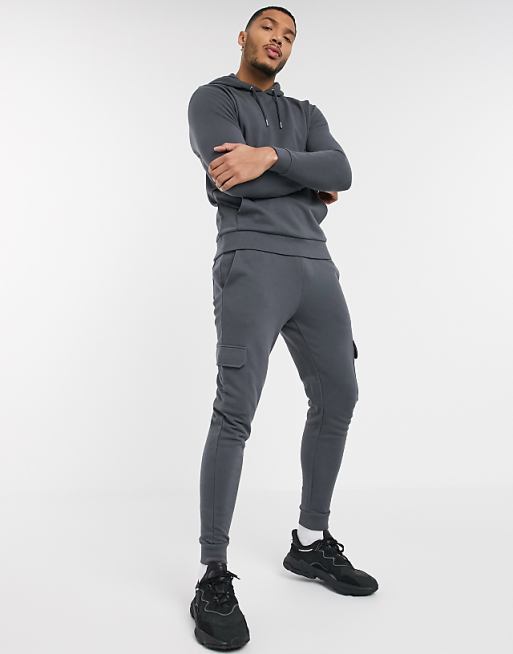 ASOS DESIGN tracksuit with hoodie & skinny cargo sweatpants in washed black | ASOS
