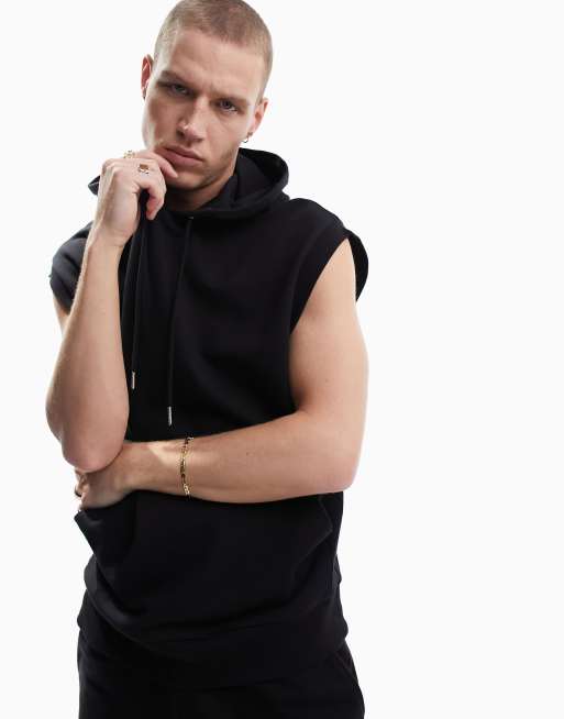 ASOS DESIGN tracksuit with oversized sleeveless hoodie slim shorts in black