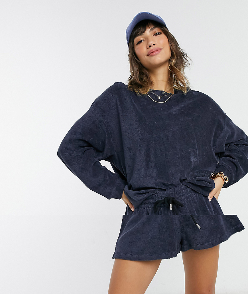 ASOS DESIGN tracksuit with oversized sweats top & shorts in terrycloth in petrol-Blues