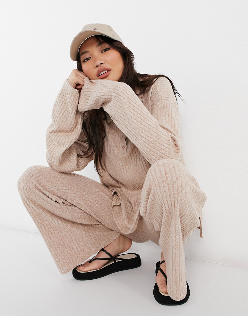 ASOS DESIGN tracksuit with polo top and wide leg pants in brushed rib oatmeal-Neutral