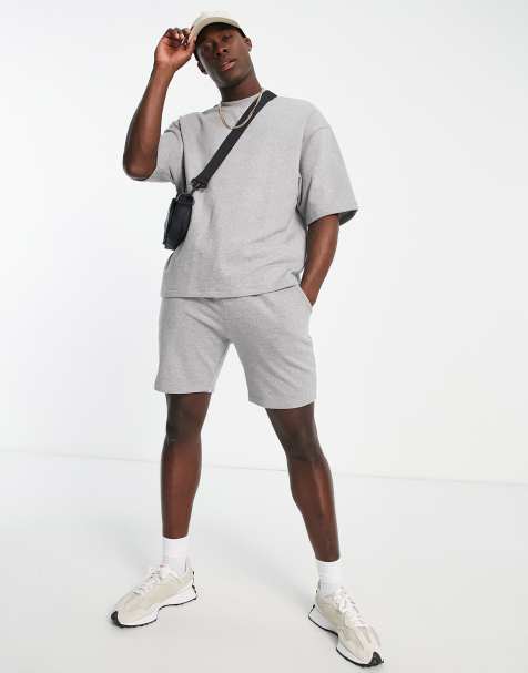 ASOS DESIGN tracksuit with short sleeve sweatshirt and slim shorts in grey marl - view 1