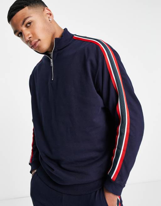 ASOS DESIGN tracksuit with side tape & quarter zip sweatshirt in navy, 3 of 4