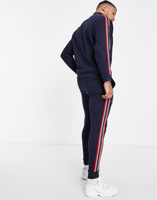 ASOS DESIGN tracksuit with side tape & quarter zip sweatshirt in navy, 4 of 4