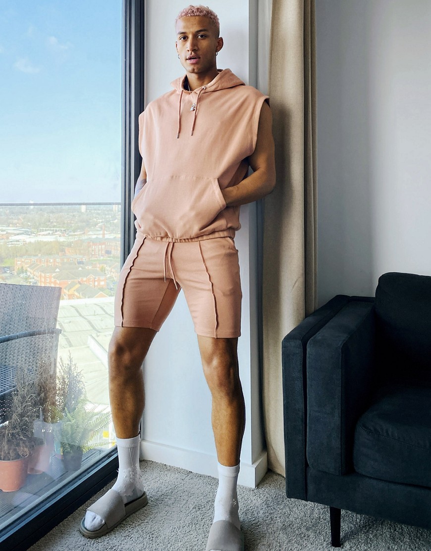 ASOS DESIGN tracksuit with sleeveless hoodie & super skinny shorts in light brown-Pink