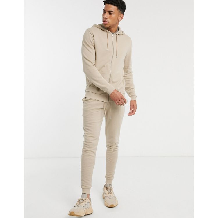 Tracksuit With Graphics Zip Through Hoodie And Joggers Set Beige