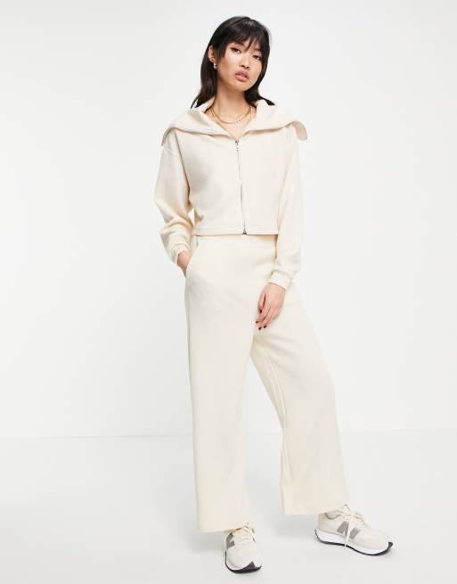 ASOS DESIGN tracksuit zip through hoodie culotte pants in fluffy texture in beige ASOS
