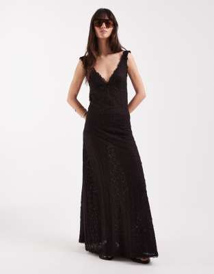 Träger-Maxikleid aus Spitze in Schokobraun-Schwarz Schwarz 44