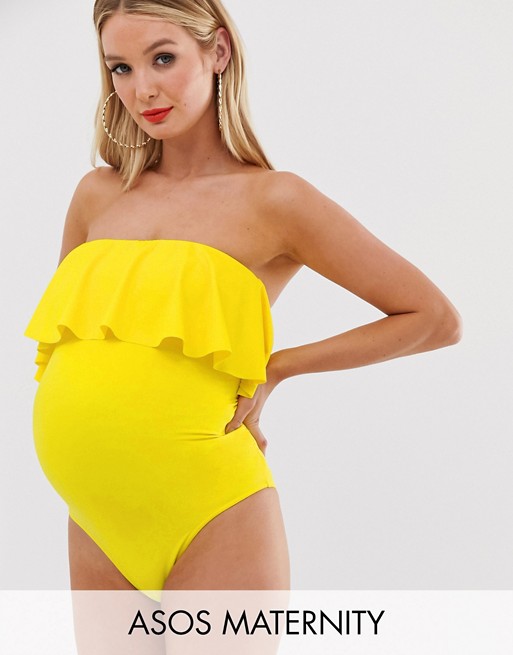Asos Design Tragerloser Badeanzug Fur Schwangere Aus Recycelten Materialien In Gelb Mit Ruschen Asos
