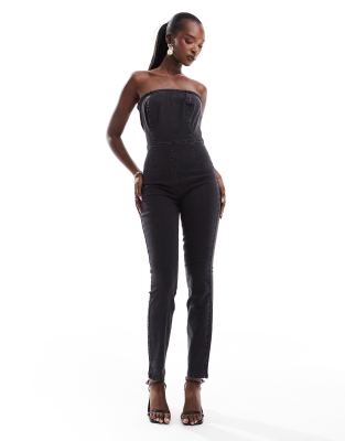 ASOS DESIGN - Trägerloser Bodycon-Jumpsuit aus Denim in verwaschenem Schwarz