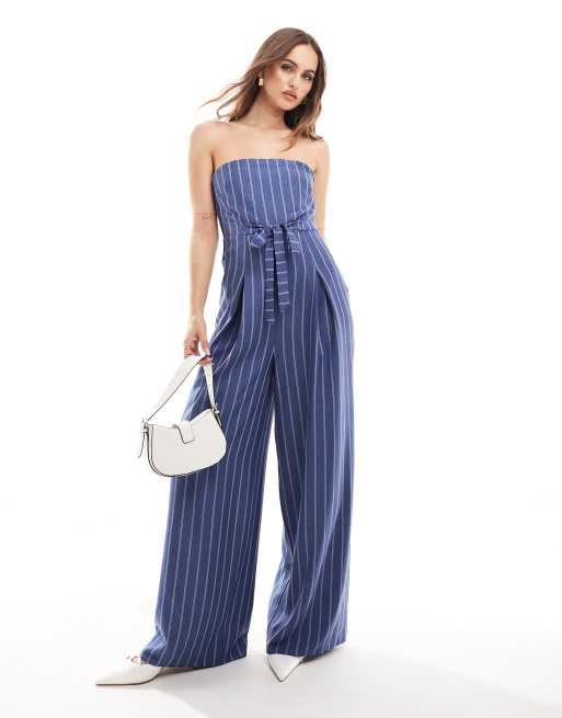 ASOS DESIGN Tragerloser Jumpsuit in Blau gestreift mit Gurtel ASOS