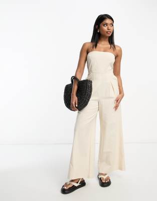 ASOS DESIGN - Trägerloser Jumpsuit in hellbeiger Leinenoptik mit abnehmbaren Trägern-Neutral