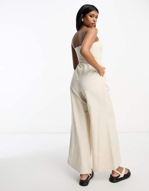 ASOS DESIGN Tragerloser Jumpsuit in hellbeiger Leinenoptik mit abnehmbaren Tragern ASOS