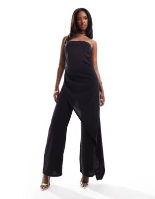 ASOS DESIGN - Trägerloser Jumpsuit in Schwarz mit weitem Bein und Drapierung