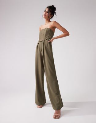 ASOS Design - Trägerloser Korsett-Jumpsuit in Khaki mit weitem Bein-Grün