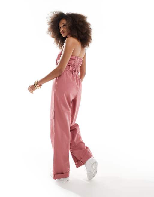 ASOS DESIGN Tragerloser Utility Jumpsuit in Staubrosa mit Paperbag Bund