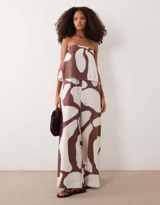 Trägerloser, zweilagiger Jumpsuit mit braunem Muster-Weiß Weiß 36