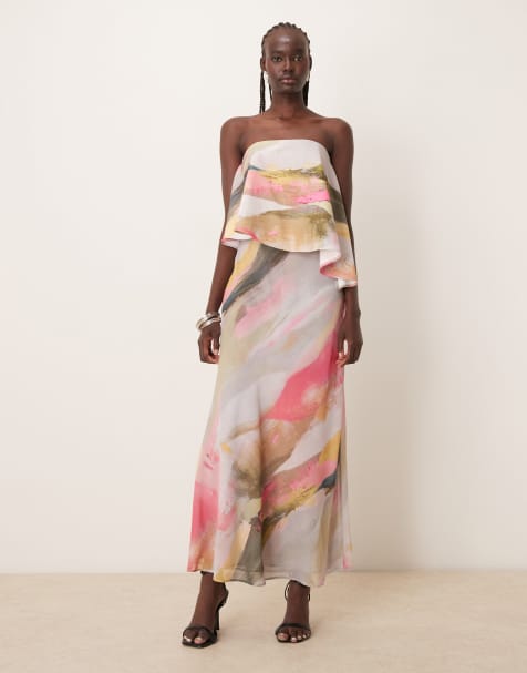 ASOS DESIGN – Trägerloses, asymmetrisches Maxikleid mit Kontrastmaterial und Pinselstrich-Print - view 1