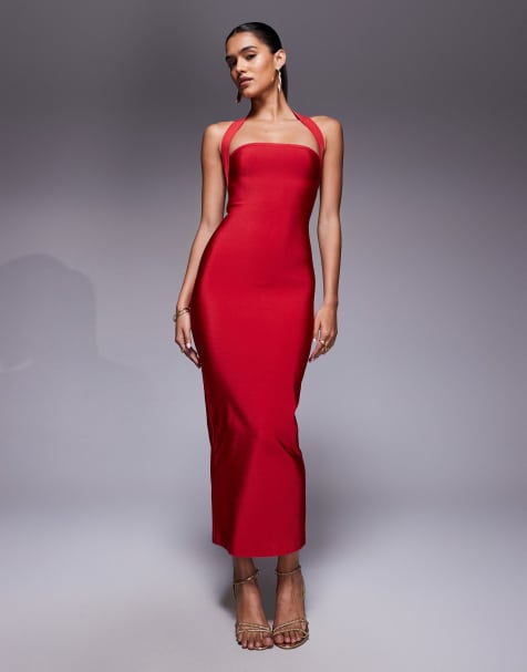 ASOS DESIGN – Trägerloses Bandagen-Midikleid in Rot mit eckigem Ausschnitt und Neckholder - view 1