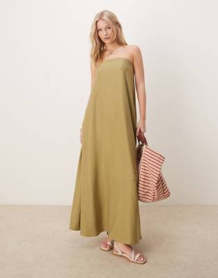 ASOS DESIGN - Trägerloses Cupro-Sommerkleid in Maxilänge in Olivgrün