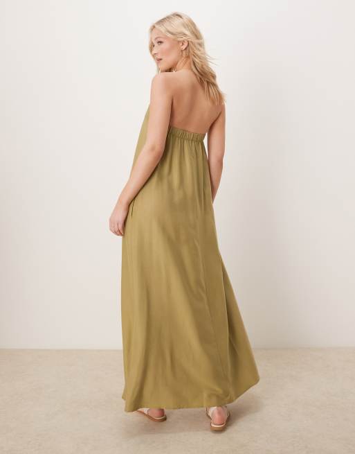 ASOS DESIGN – Trägerloses Cupro-Sommerkleid in Maxilänge in Olivgrün, 3 von 4