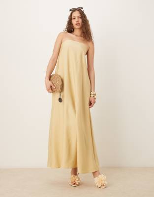 ASOS DESIGN - Trägerloses Cupro-Sommerkleid in Maxilänge in Steinbeige-Neutral