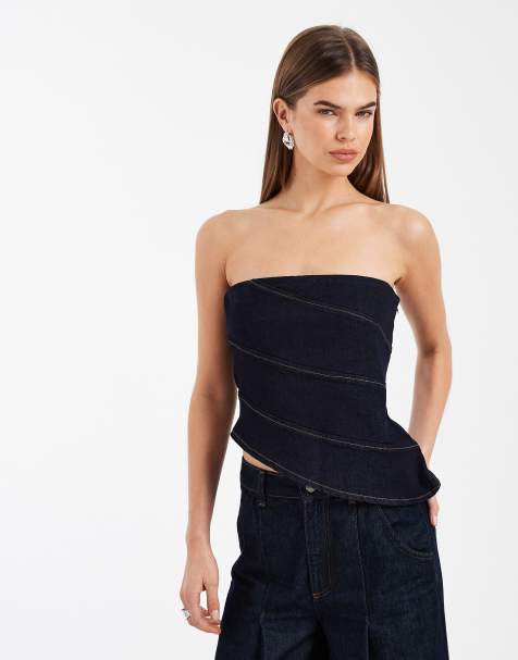 ASOS DESIGN – Trägerloses Denim-Oberteil in Indigoblau mit asymmetrischen Ziernähten - view 1