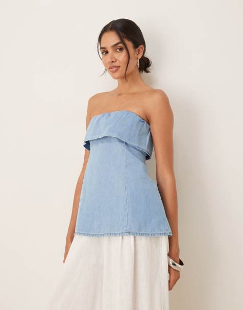 ASOS DESIGN – Trägerloses Denim-Oberteil mit Carmen-Ausschnitt in Hellblau - view 1